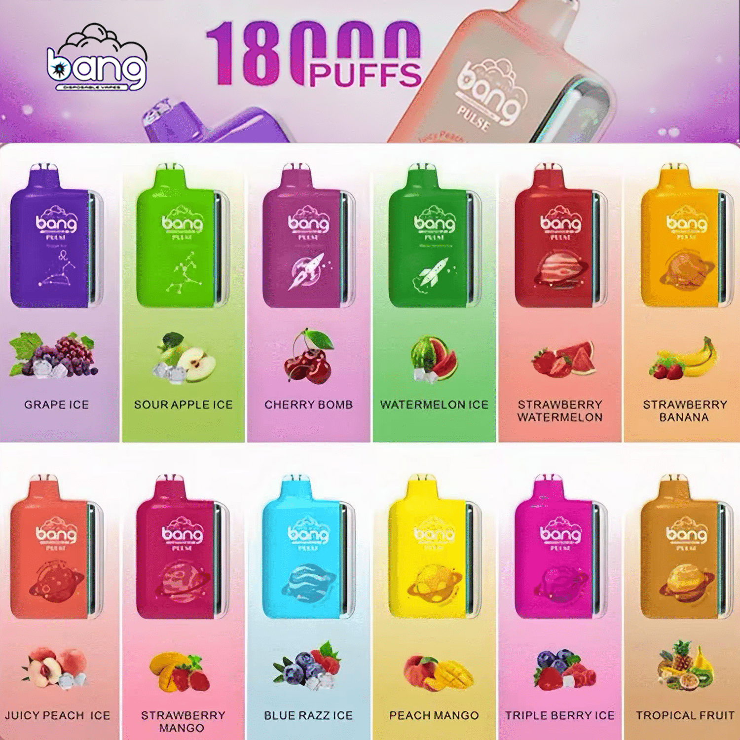 Bang Pulse 18000 Colorful Bang vape flavors variety display.