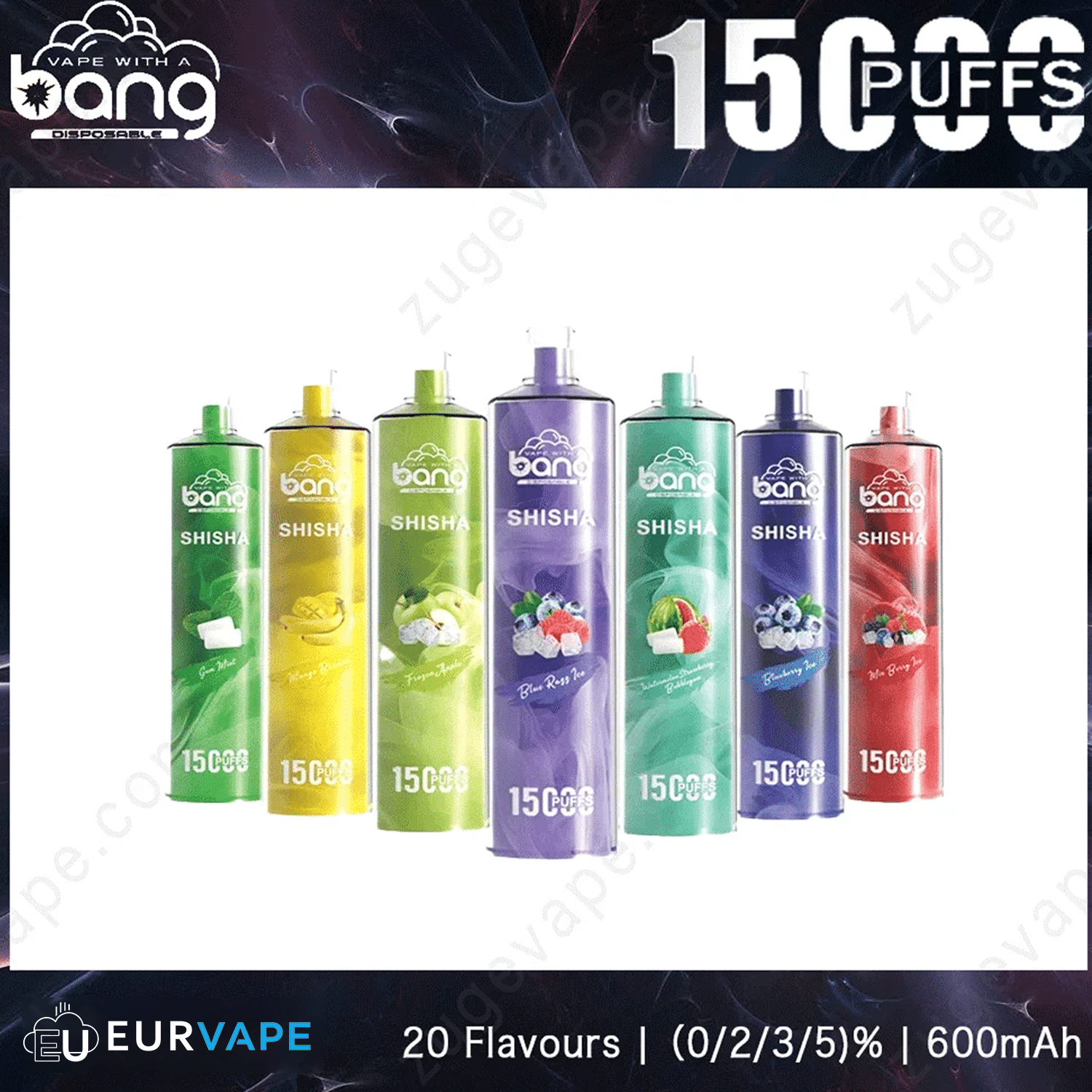 Bang Shisha 15000 Bang disposable vapes, various flavors and colors.