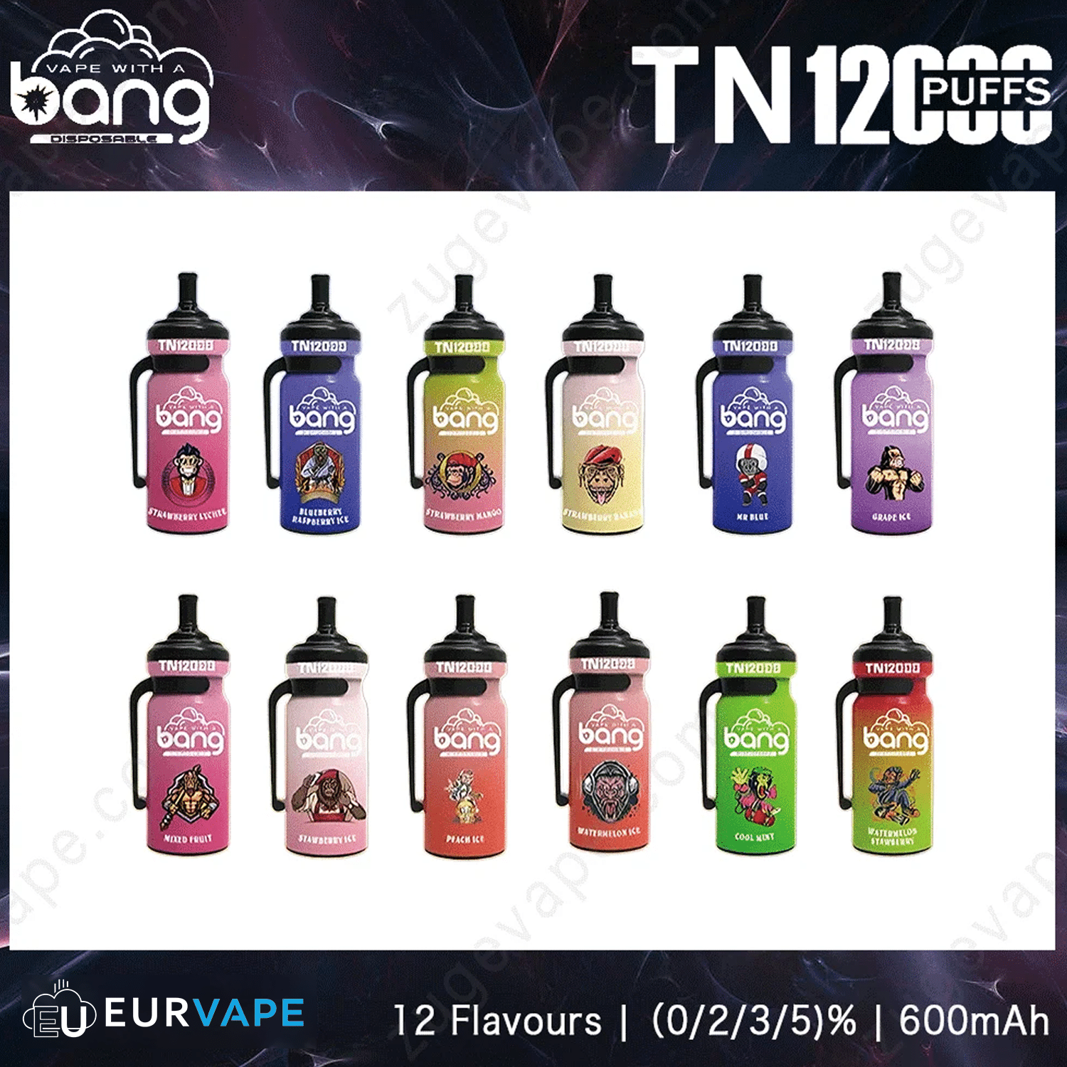 Bang Tn 12000 Various Bang vape flavors, TN1200 model.
