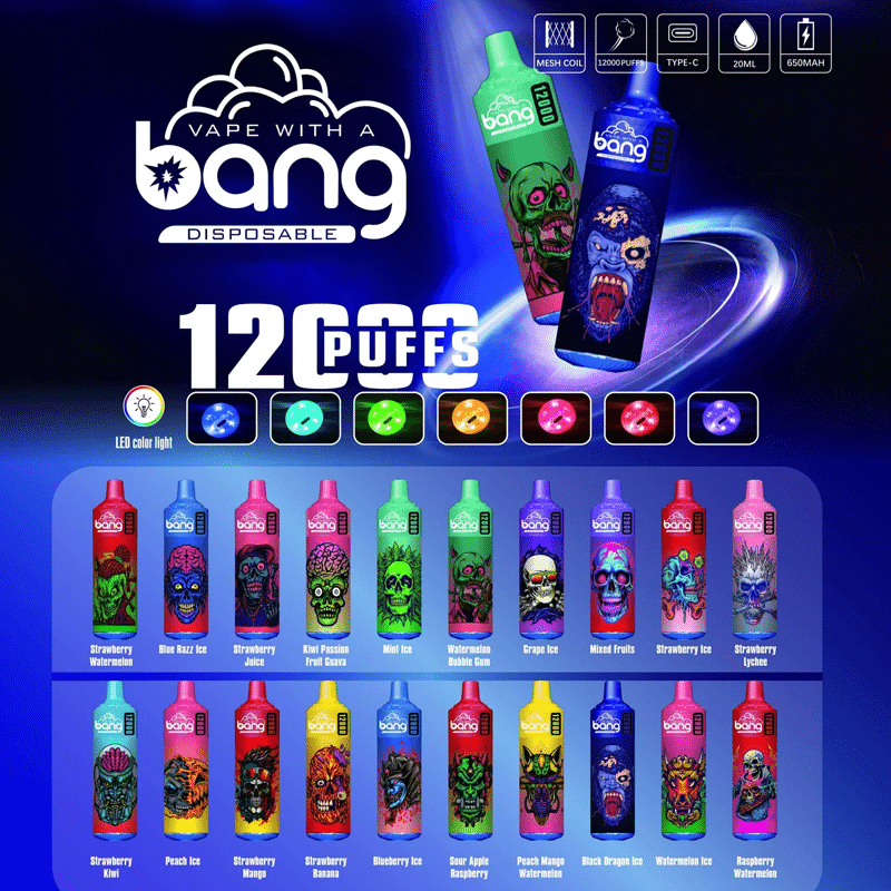 Bang Tornado 12000 Colorful vape flavors, 12000 puffs, LED light options.