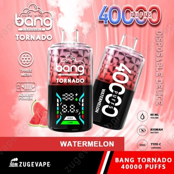 Bang Tornado Watermelon vape, 40000 puffs, features highlighted.