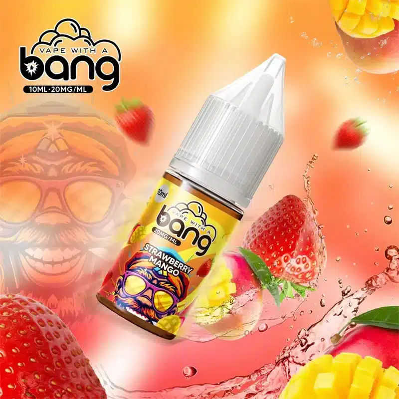 Bang40000PuffsRefillableOil3-0599.webp Strawberry mango vape juice with colorful design.