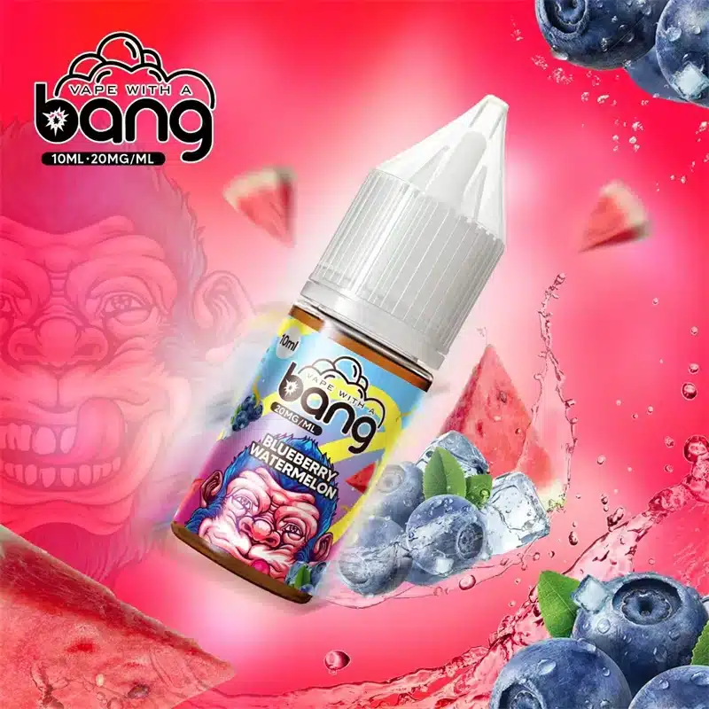 Bang40000PuffsRefillableOil4-3ccd.webp Blueberry watermelon vape juice bottle with splash background.
