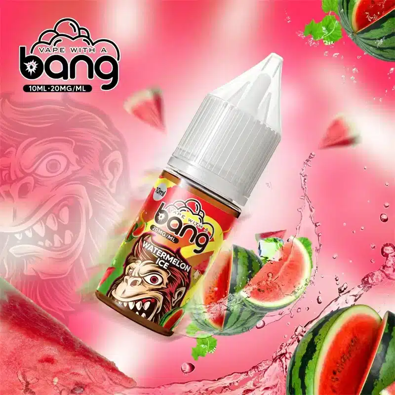Bang40000PuffsRefillableOil7-3ac7.webp Bang Watermelon Ice vape juice bottle with graphics.