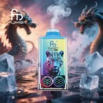 Colorful vape with leopard design and dragon background.