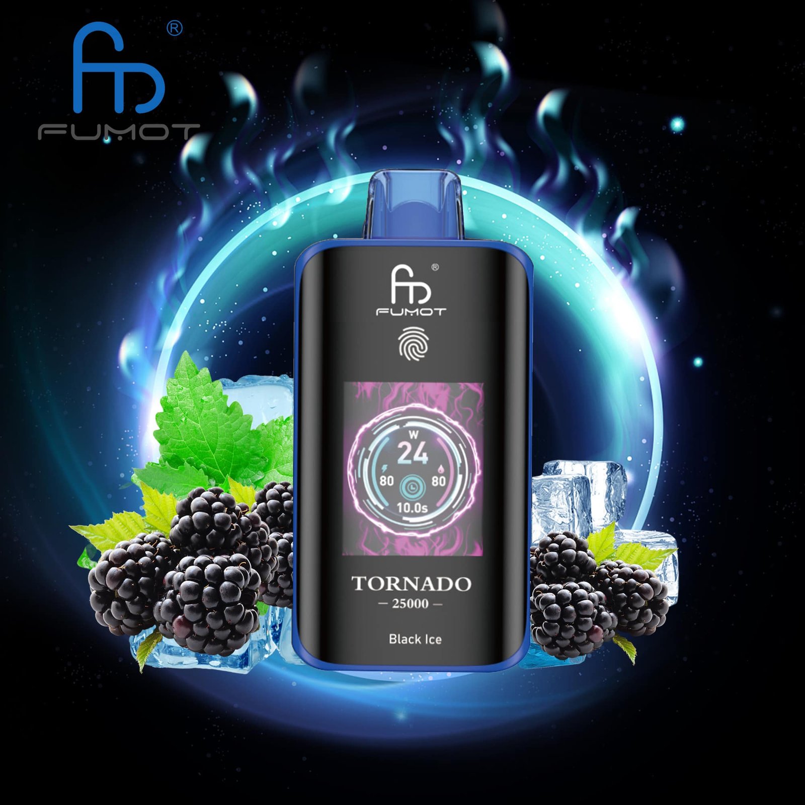 Black-Ice.jpg Fumot Tornado vape with blackberry and mint flavor.
