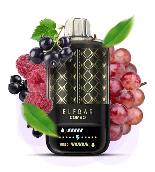 Schwarze Johannisbeere Himbeere & Traubengeschmack Elfbar Combo 25000 Elfbar vape with mixed berries and leaves