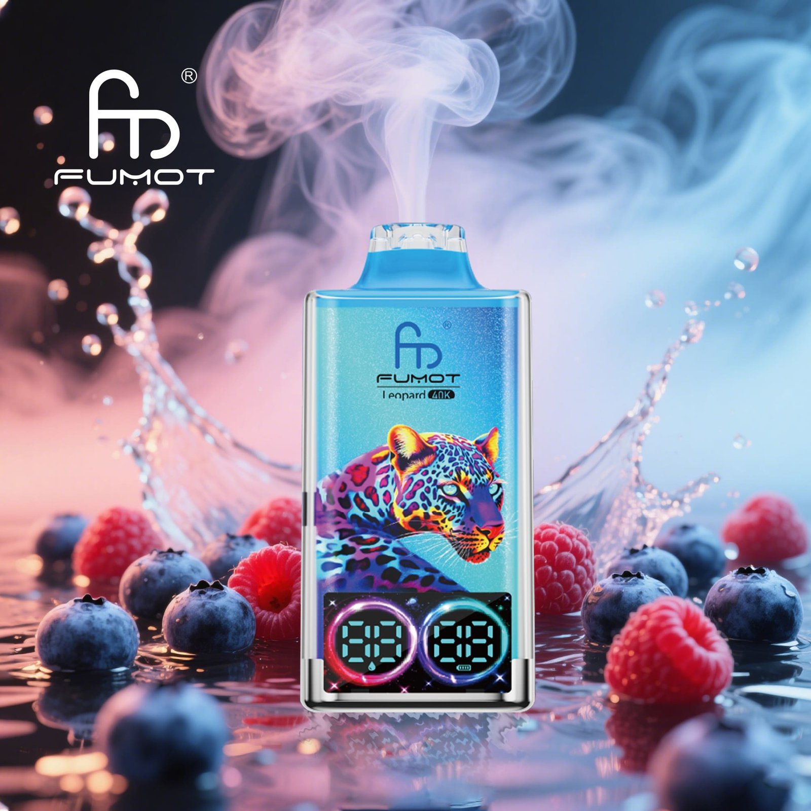 Blueberry-Raspberry.jpg Vape device with leopard design and fruit background.