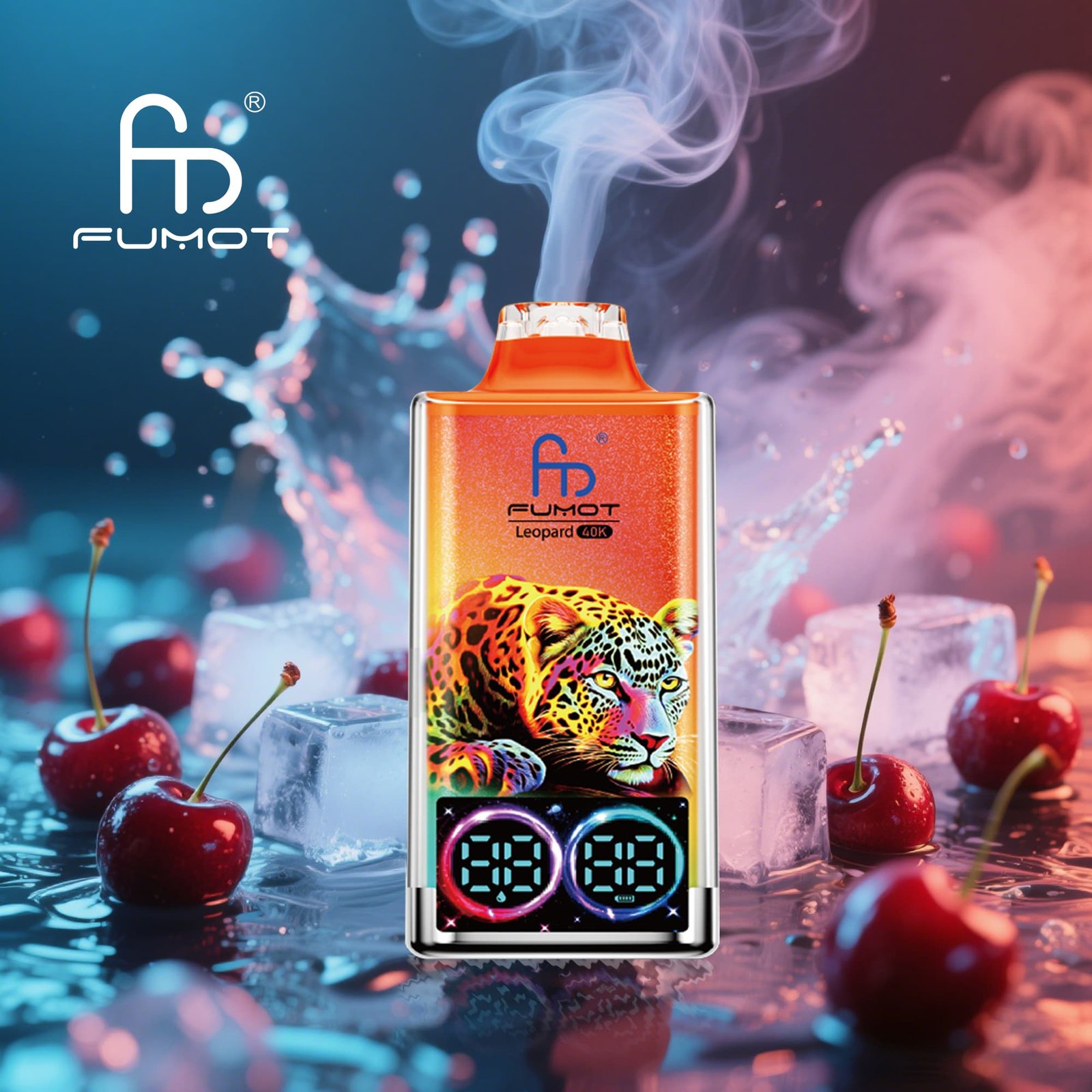 Cherry-ice-1.jpg Vape device with leopard design, cherries, ice cubes.