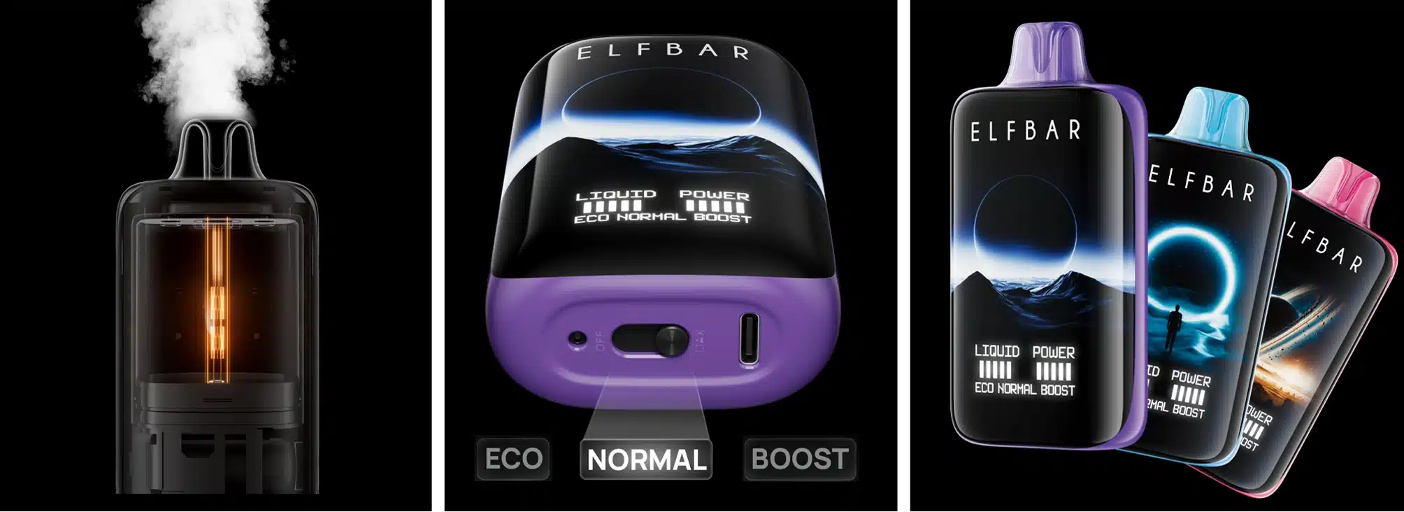 Elfbar vape devices with eco, normal, boost modes.
