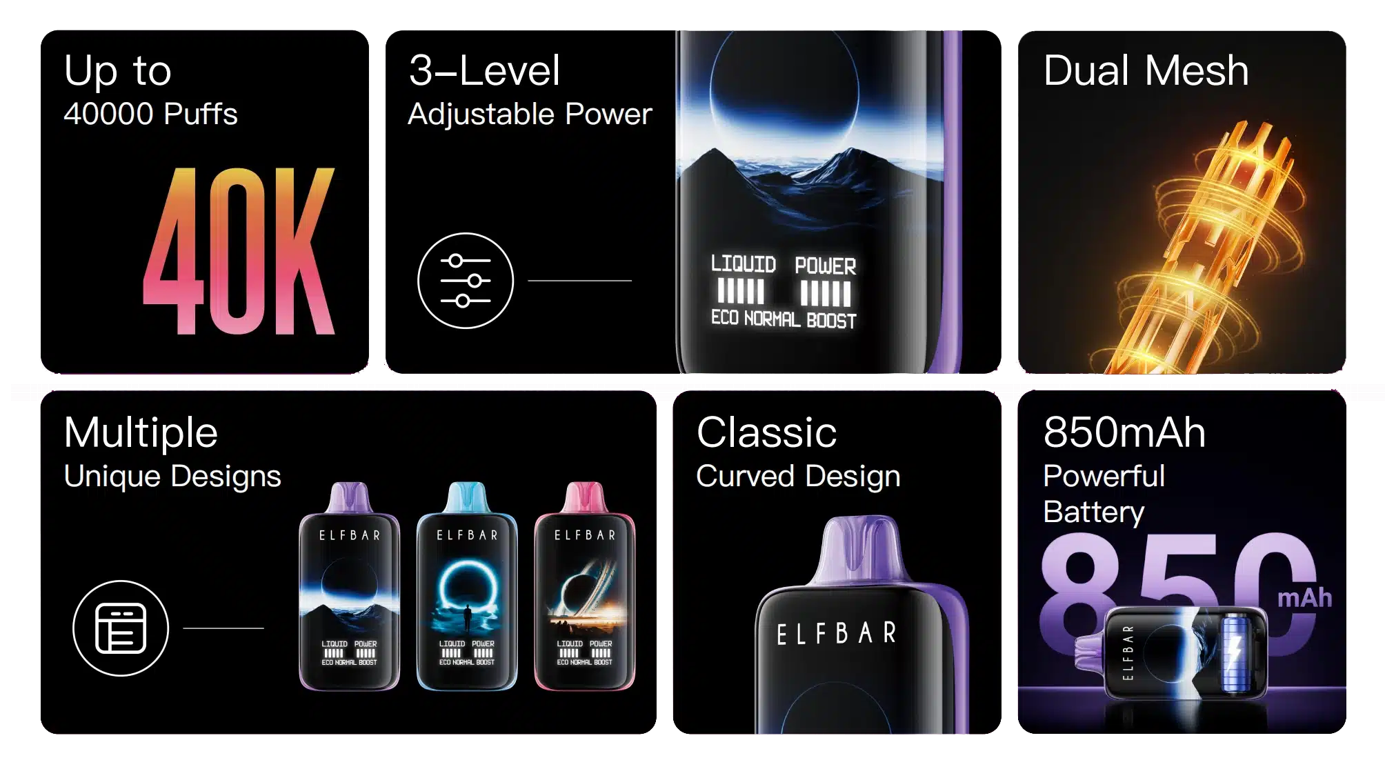 Vape features dual mesh, 850mAh battery, 40K puffs.