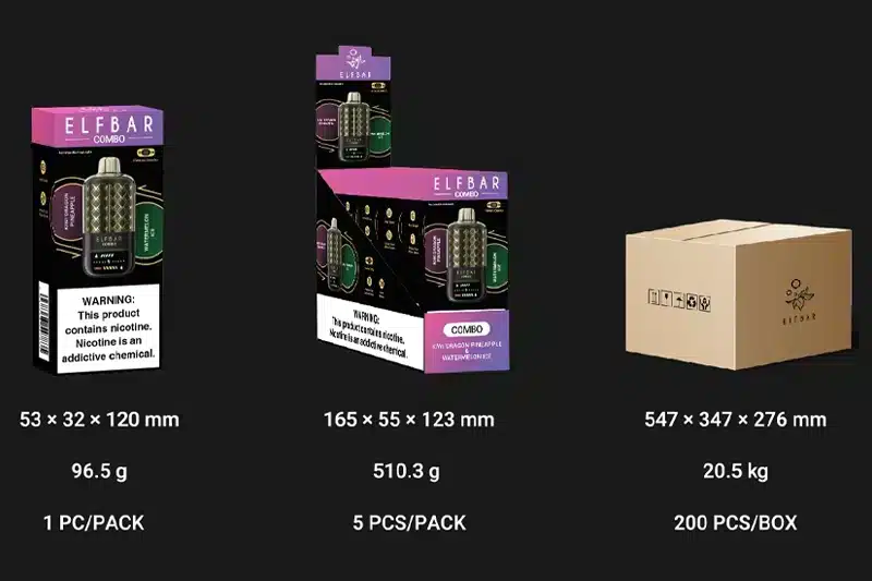 Elf Bar combo pack sizes and nicotine warning.