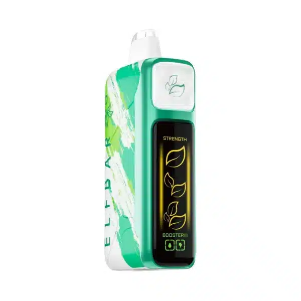 Green vape device with leaf design and display.