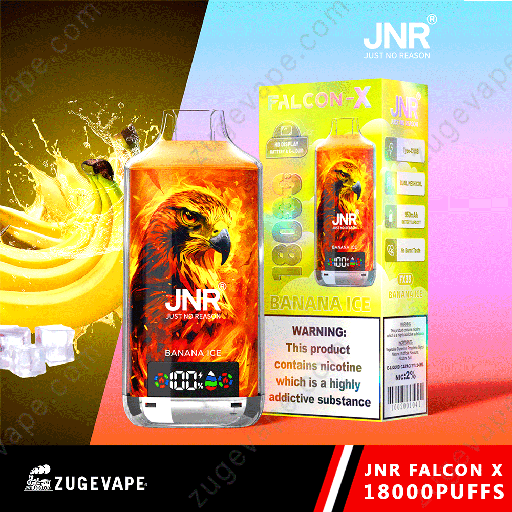 JNR-Falcon-X-18000-Puffs-Banana-Ice.png JNR Falcon X vape, banana ice, 18000 puffs.