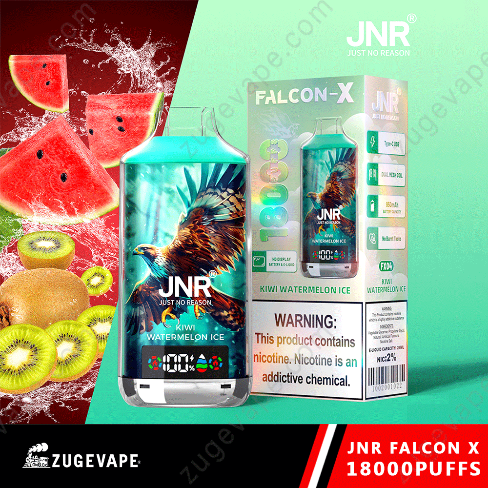 JNR-Falcon-X-18000-Puffs-Kiwi-Watermelon-Ice.png JNR Falcon-X vape with kiwi watermelon flavor.
