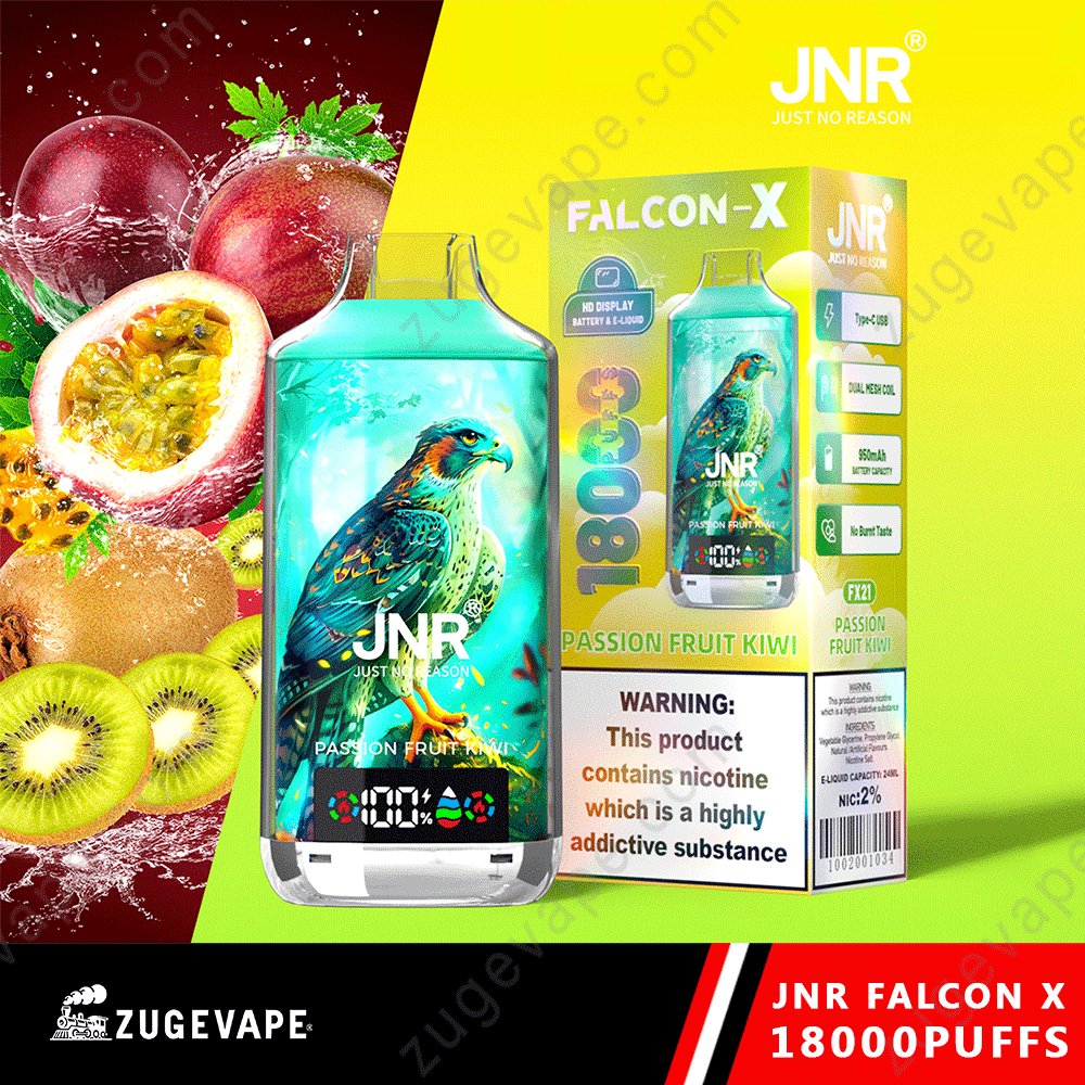 JNR-Falcon-X-18000-Puffs-Passion-Fruit-Kiwi.png JNR Falcon X vape, passion fruit kiwi flavor.