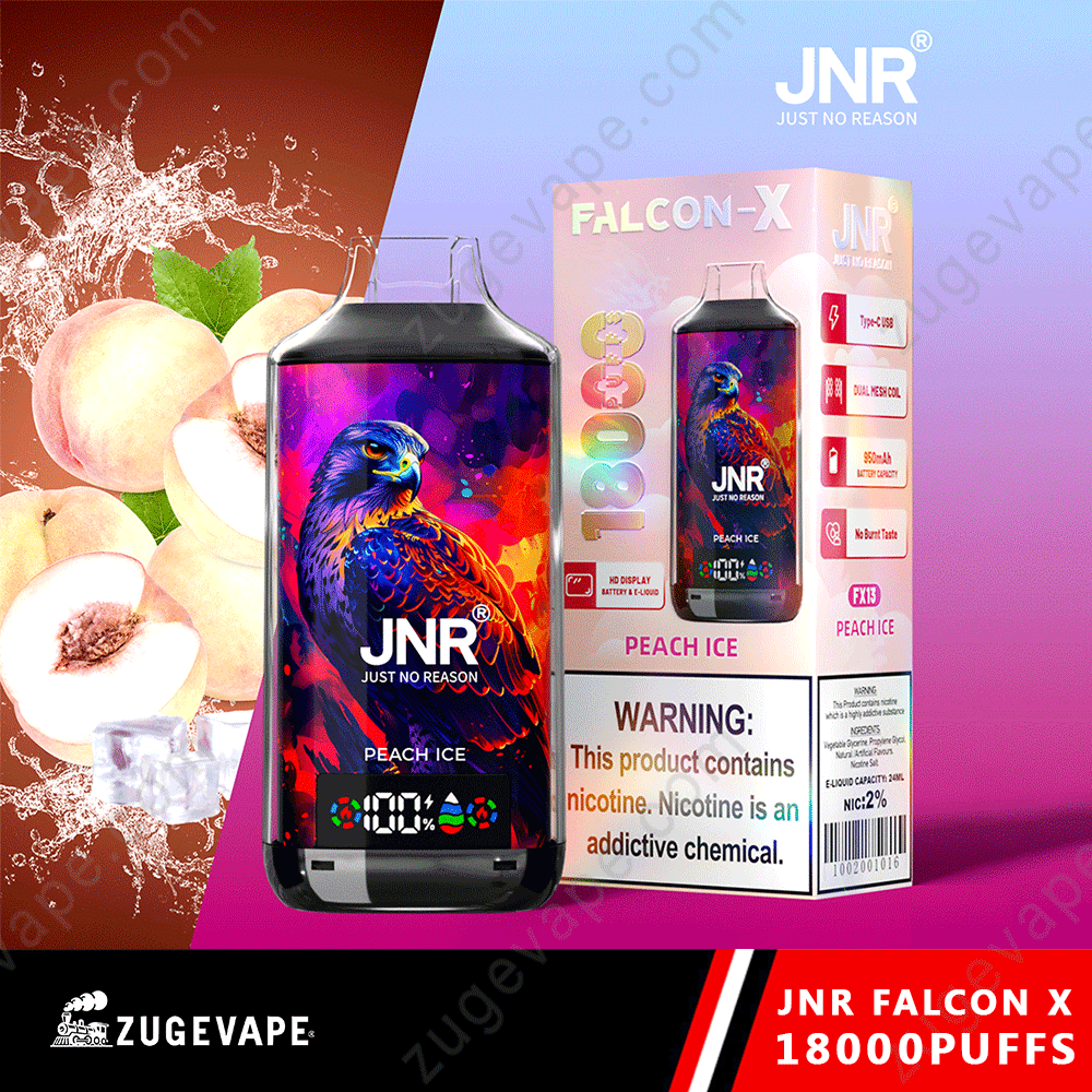 JNR-Falcon-X-18000-Puffs-Peach-Ice.png JNR vape, peach ice flavor, with health warning.