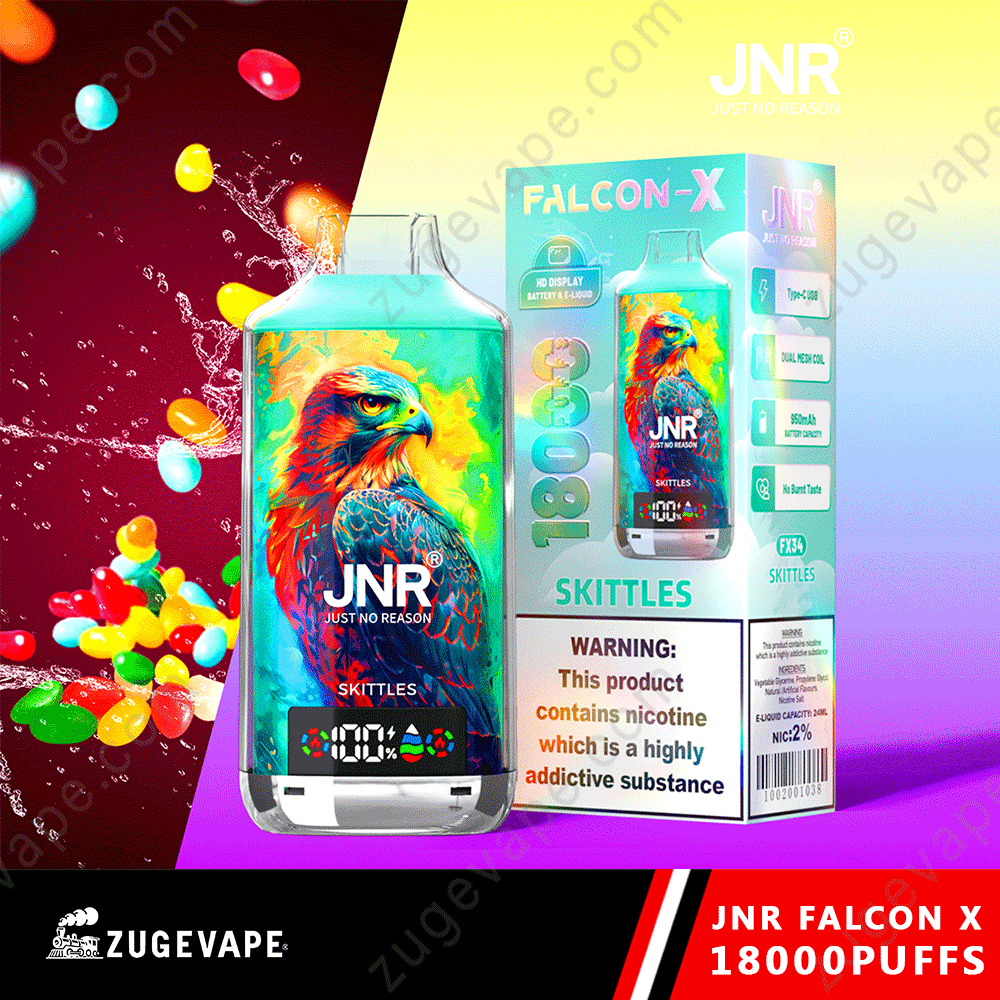 JNR-Falcon-X-18000-Puffs-Skittles.png JNR Falcon-X Skittles vape, colorful packaging.