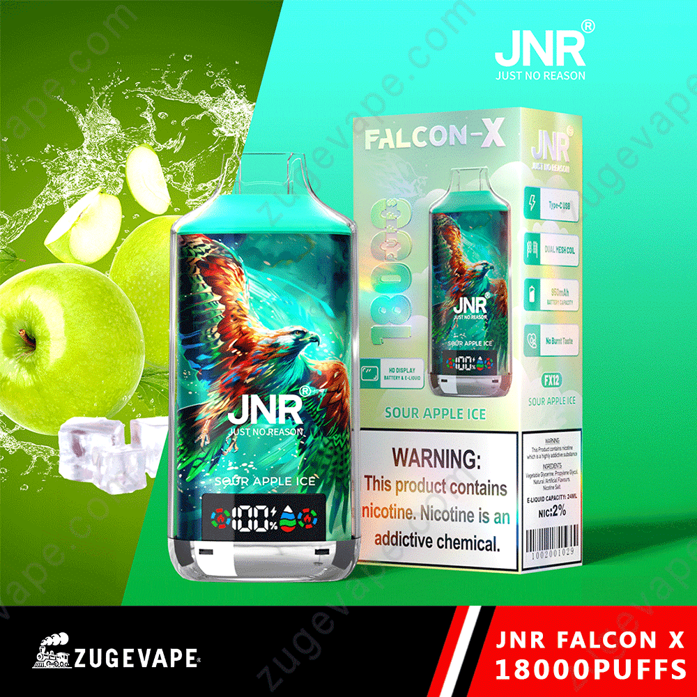 JNR-Falcon-X-18000-Puffs-Sour-Apple-Ice.png JNR Falcon-X Sour Apple Ice Vape with nicotine warning.