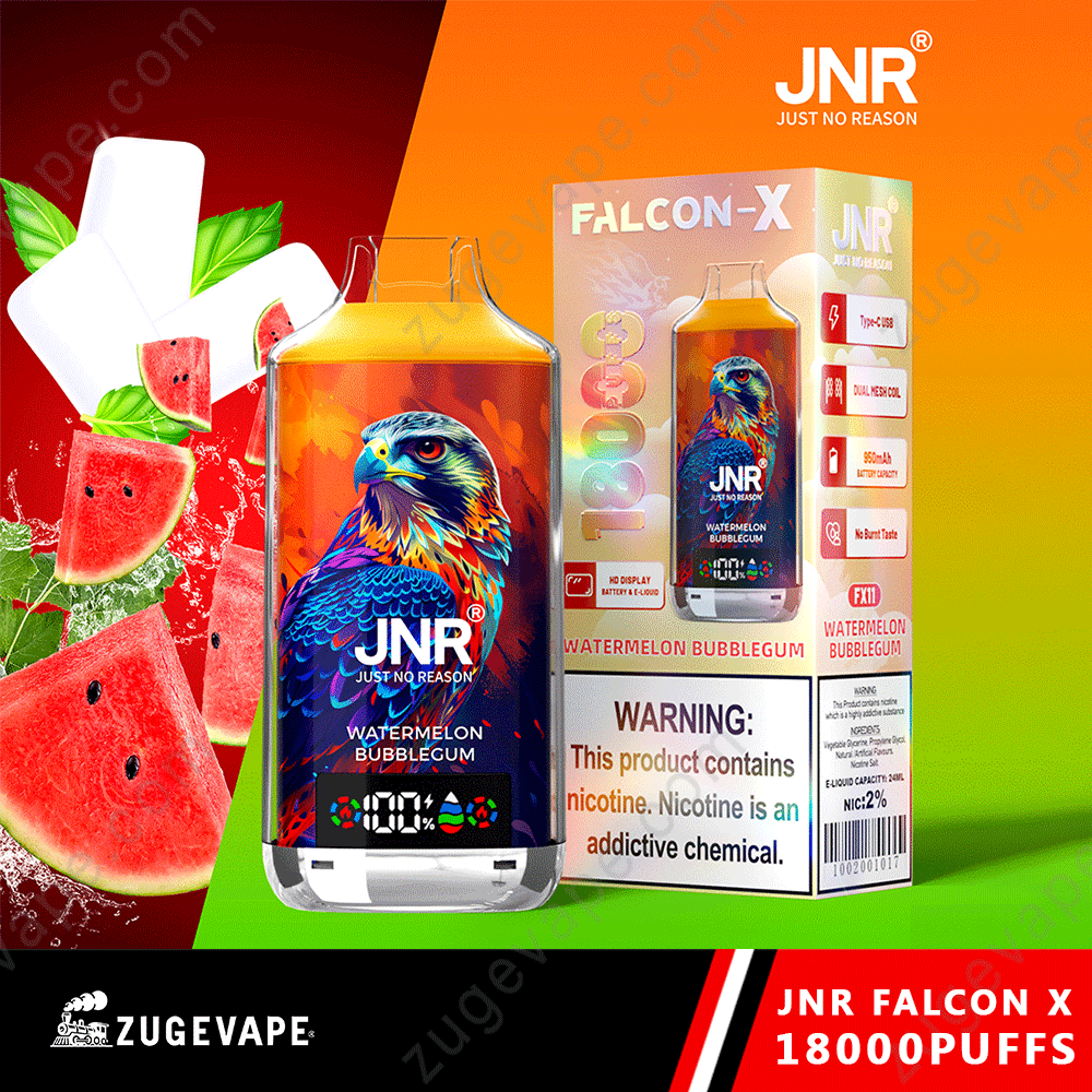 JNR-Falcon-X-18000-Puffs-Watermelon-Bubblegum.png JNR Falcon X vape, watermelon bubblegum flavor