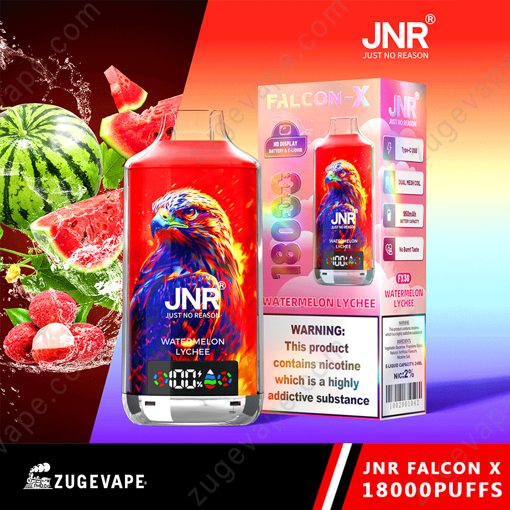JNR-Falcon-X-18000-Puffs-Acquamone-Lichetto.png JNR Falcon X vape with watermelon and lychee flavor.