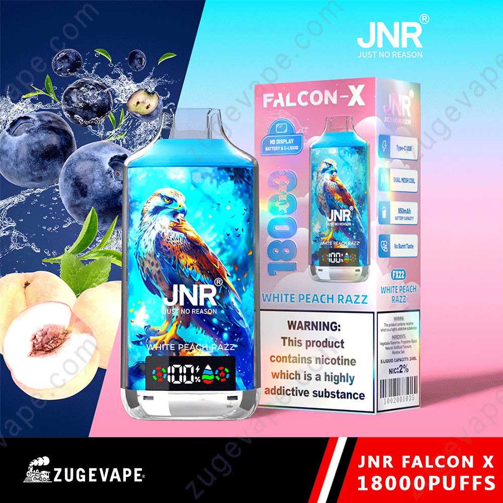 JNR-Falcon-X-18000-Puffs-Bianco-Peach-Razz.png JNR Falcon X vape, White Peach Razz flavor, 18000 puffs