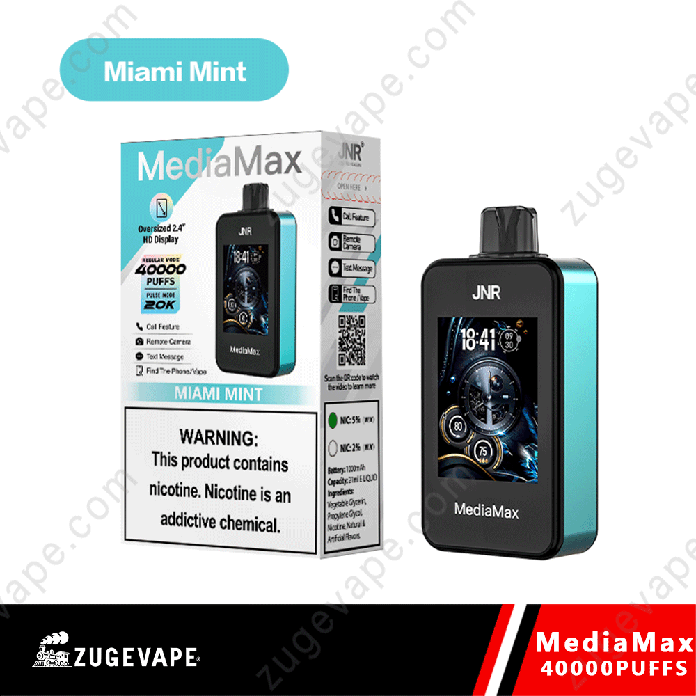 JNR-Media-Max-40000-Puffs-Miami-Mint.png MediaMax Miami Mint vape, 40000 puffs box.