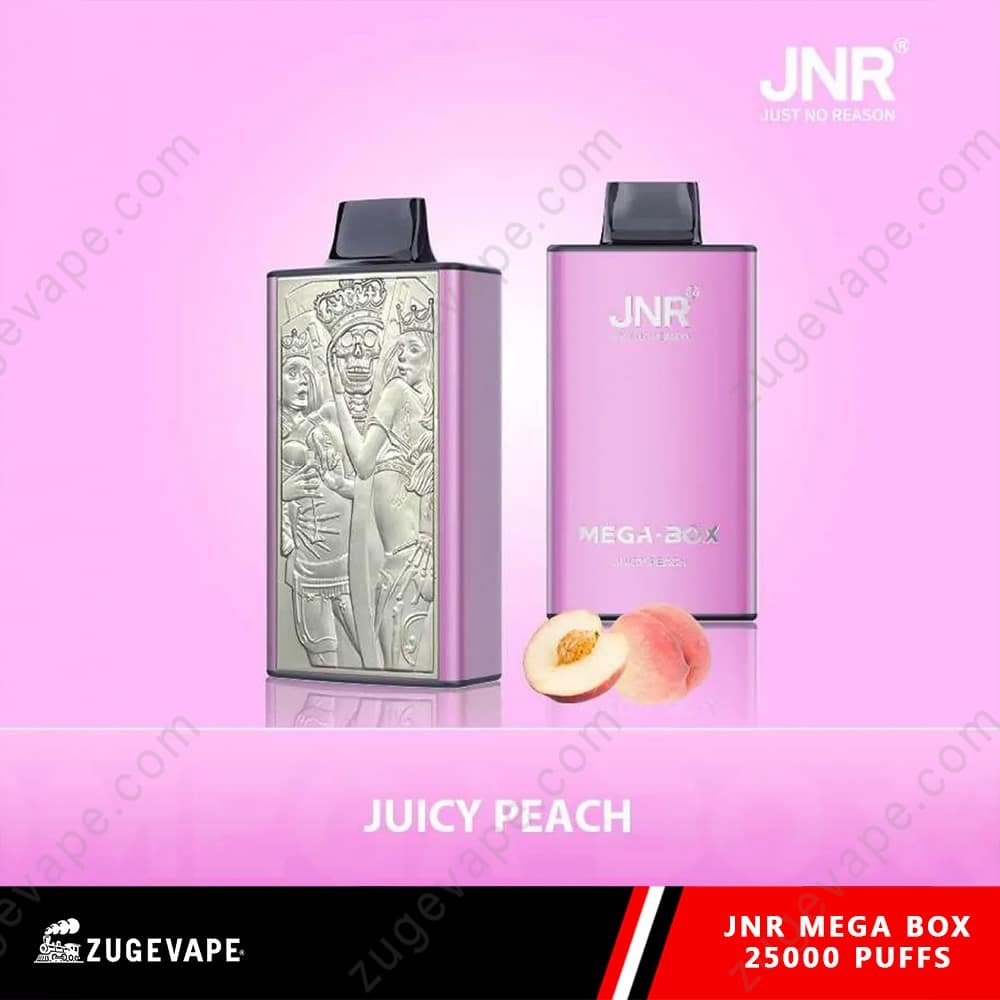 JNR-Mega-Box-25000-Puffs-Melocotón jugoso.jpg JNR vape with juicy peach flavor packaging.