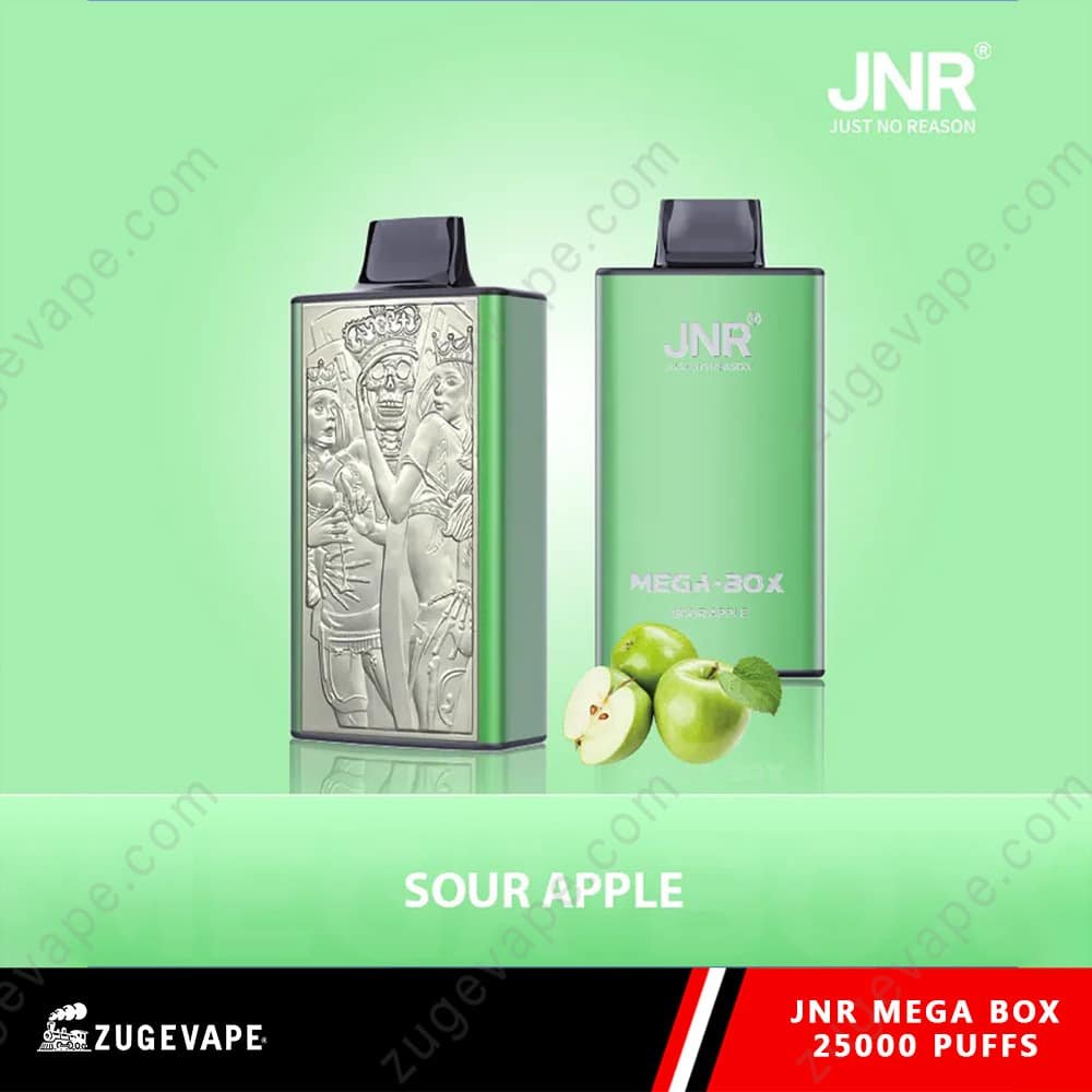 JNR-Mega-Box-25000-Puffs-Manzana ácida.jpg JNR Mega Box, sour apple flavor vape.