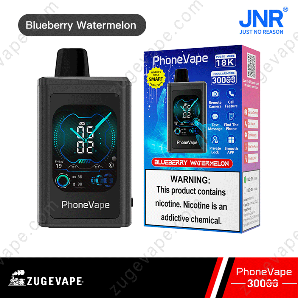 JNR-PhoneVape-300000-Puffs-Blaubeer-Wassermelone.png PhoneVape with packaging, Blueberry Watermelon flavor.