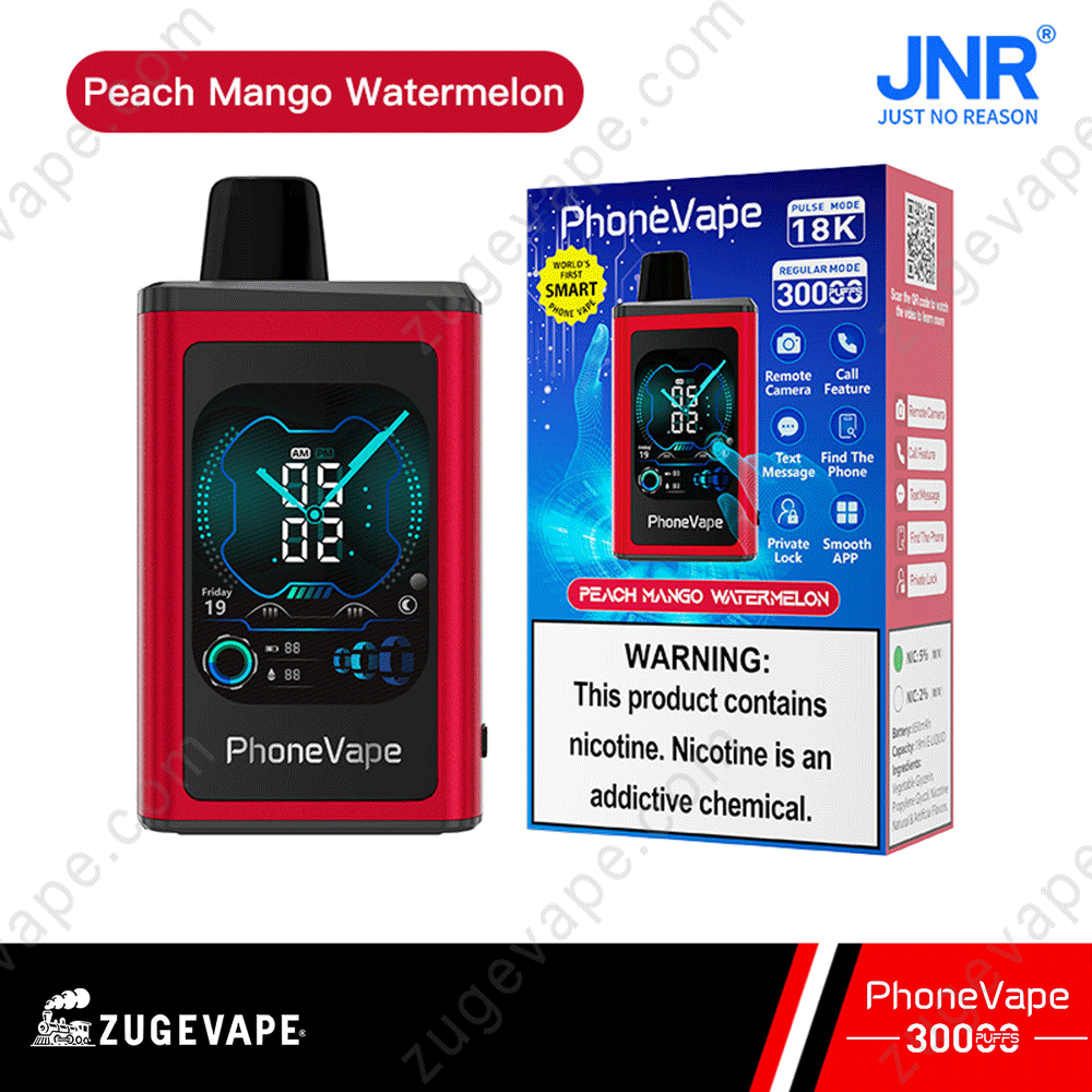 JNR-PhoneVape-300000-Puffs-Pfirsich-Mango-Wassermelone.png Red PhoneVape device and packaging with features shown.