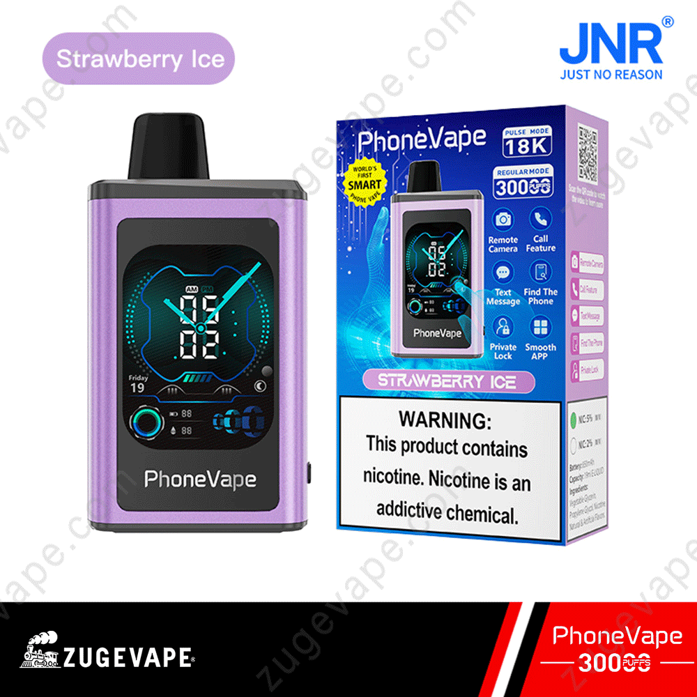 JNR-PhoneVape-300000-Puffs-Erdbeer-Eis.png PhoneVape Strawberry Ice flavor display and packaging.