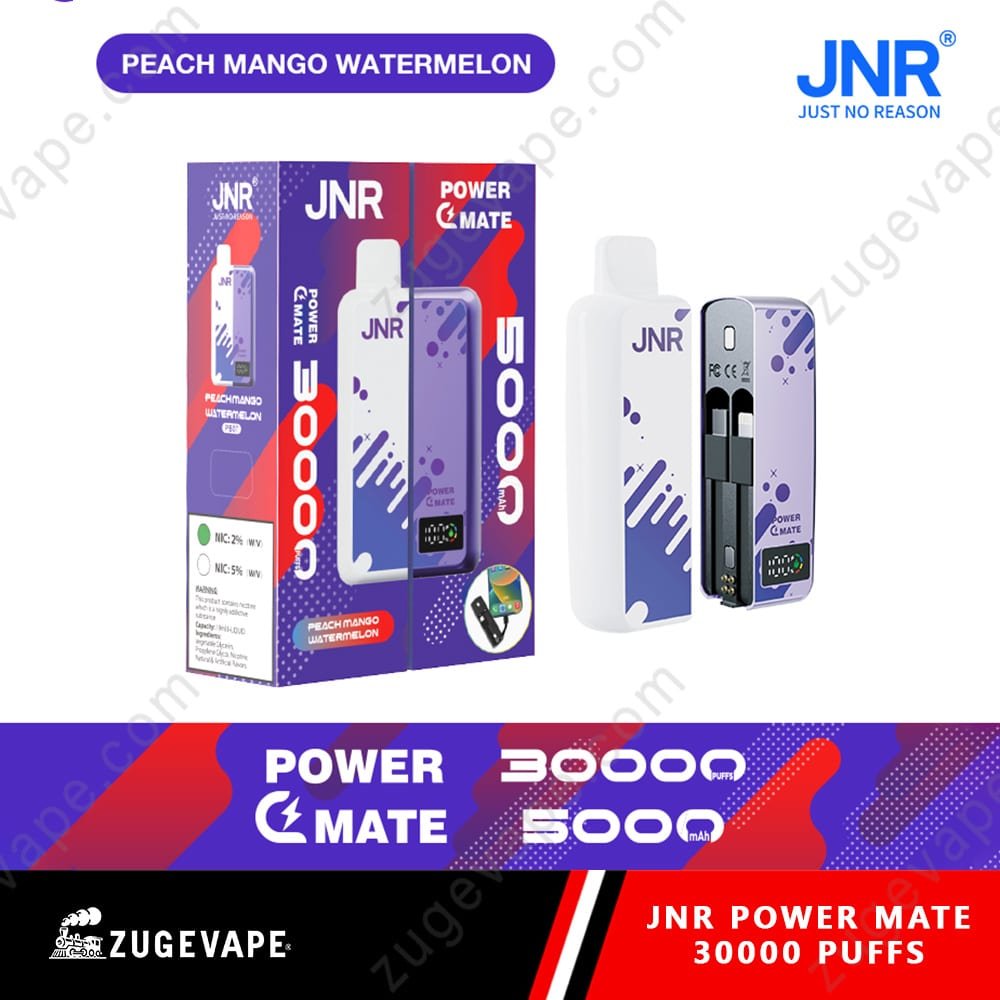 JNR-Power-Mate-30000-Puffs-Peach-Mango-Watermelon.jpg JNR vape device packaging, peach mango watermelon flavor.