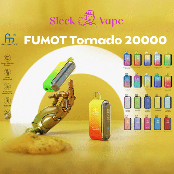 FUMOT Tornado 20000 vape flavors display.