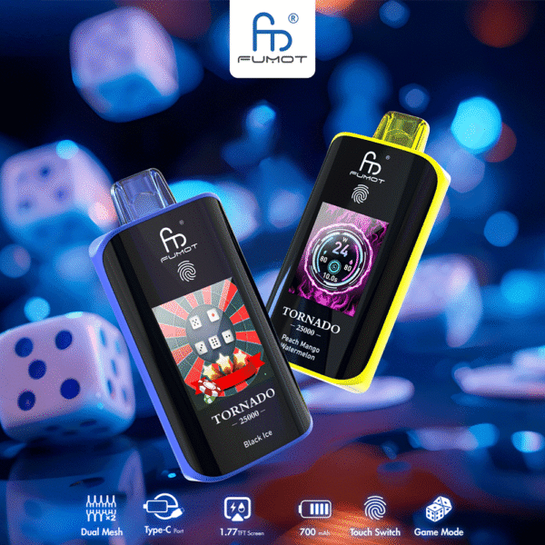 Fumot Tornado vapes with colorful packaging and dice background.