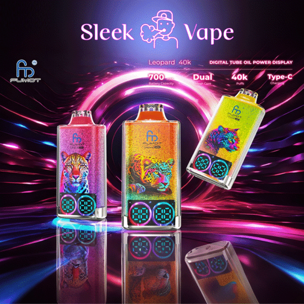 Colorful leopard-themed sleek vape display.