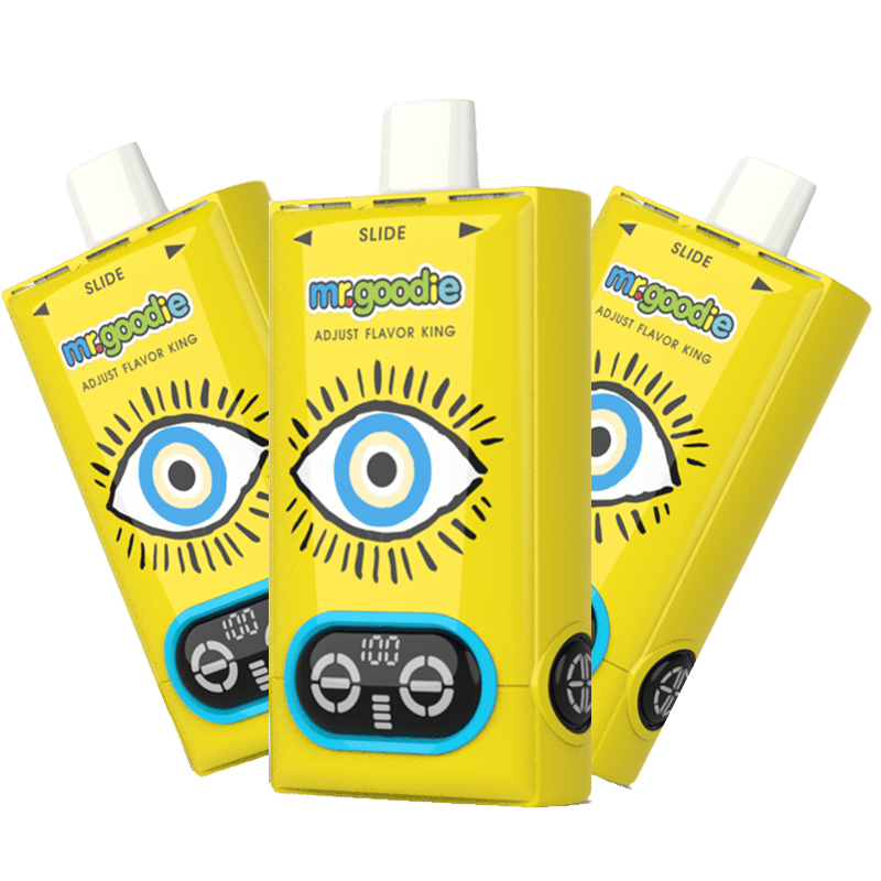 Yellow vape device with eye design and display panel.