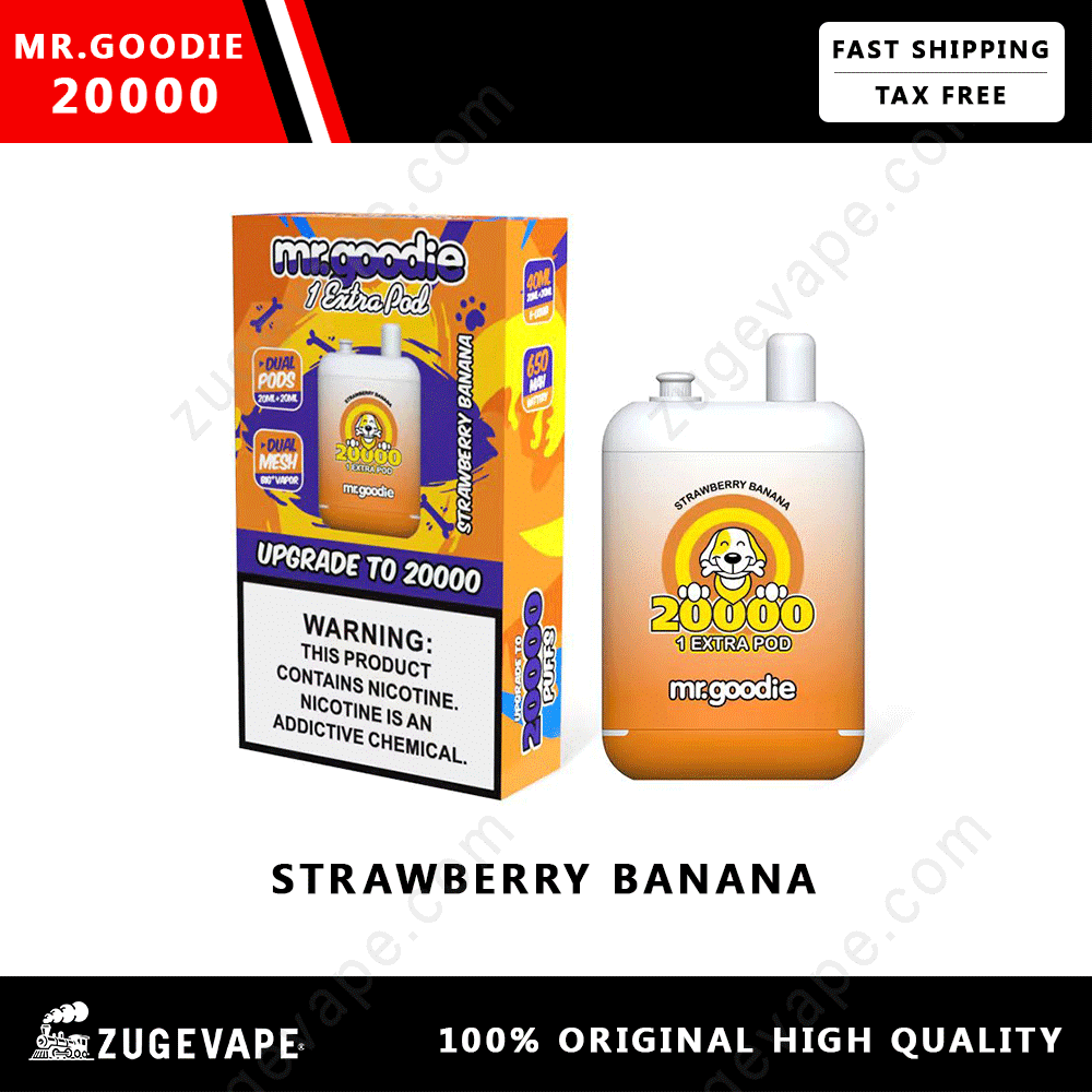 MrGoodie-20000-Puffs-Strawberry-Banana.png Mr. Goodie 20000 vape, strawberry banana flavor.