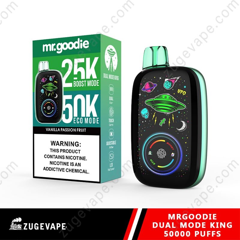 MrGoodie-Dual-Mode-King-50000-Puffs-Vanilla-Passion-Fruit.jpg Mr. Goodie vape device with packaging.