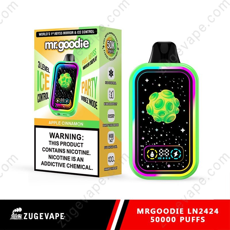 MrGoodie-LN2424-50000-Puffs-Apple-Cinnamon.jpg Mr. Goodie vape packaging, apple cinnamon flavor.