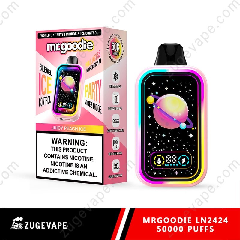 MrGoodie-LN2424-50000-Puffs-Juicy-Peach-Ice.jpg Juicy peach ice vape device packaging with nicotine warning.