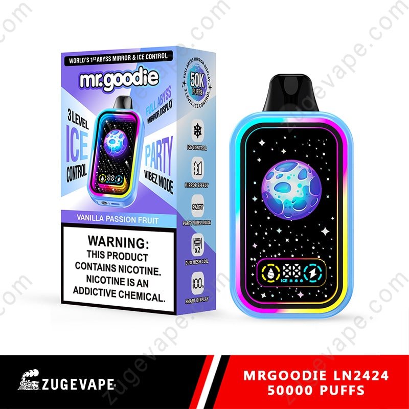 MrGoodie-LN2424-50000-Puffs-Vanilla-Passion-Fruit.jpg Mr. Goodie vape product packaging and device.
