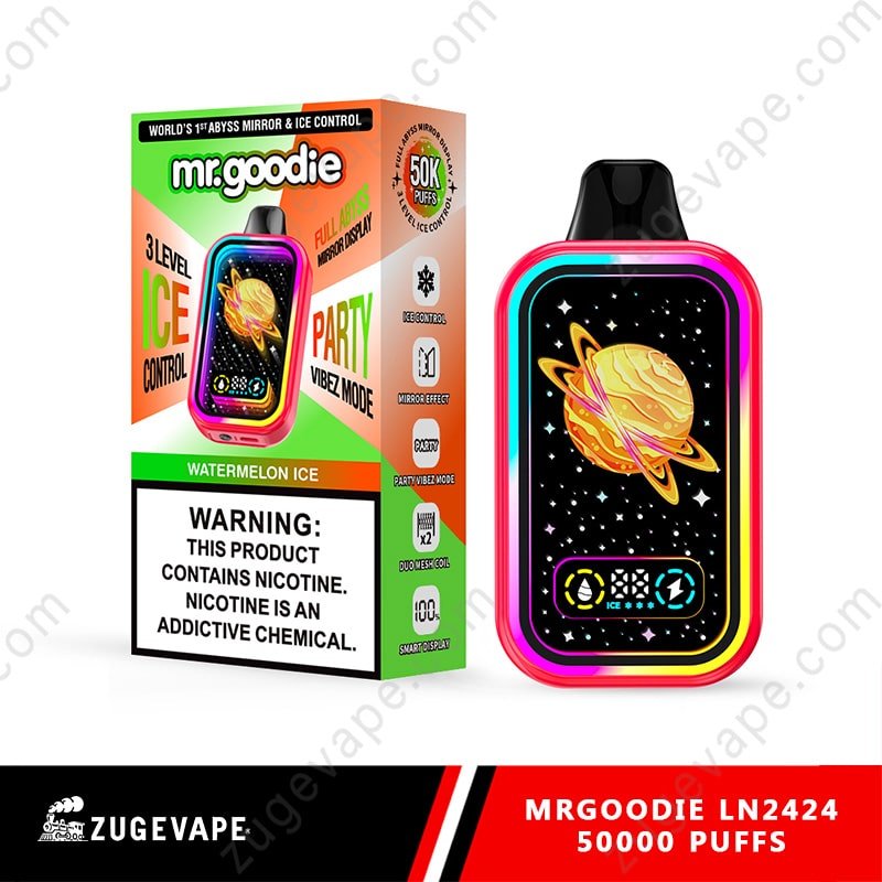 MrGoodie-LN2424-50000-Puffs-Watermelon-Ice.jpg Mr. Goodie watermelon ice vape device packaging.