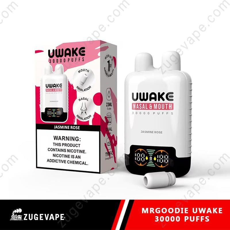 MrGoodie-Uwake-30000-Puffs-Jasmine-Rose.jpg UWAKE Jasmine Rose vape, 30000 puffs, nicotine warning.