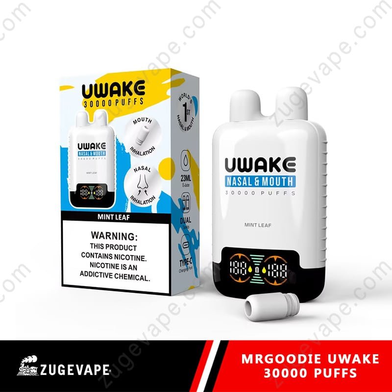 MrGoodie-Uwake-30000-Puffs-Mint-Leaf.jpg UWAKE vape, mint flavor, 30000 puffs, nicotine warning.