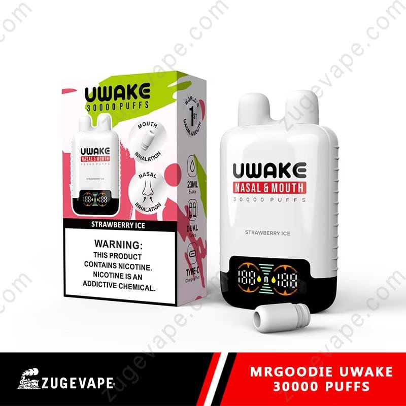 MrGoodie-Uwake-30000-Puffs-Strawberry-Ice.jpg UWAKE vape, strawberry ice, 30000 puffs, nicotine warning.