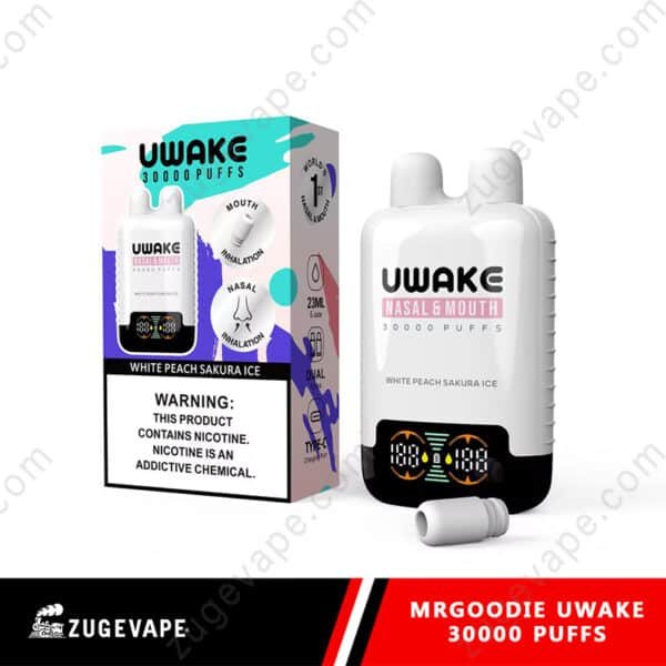Uwake vape device, white peach sakura ice flavor.