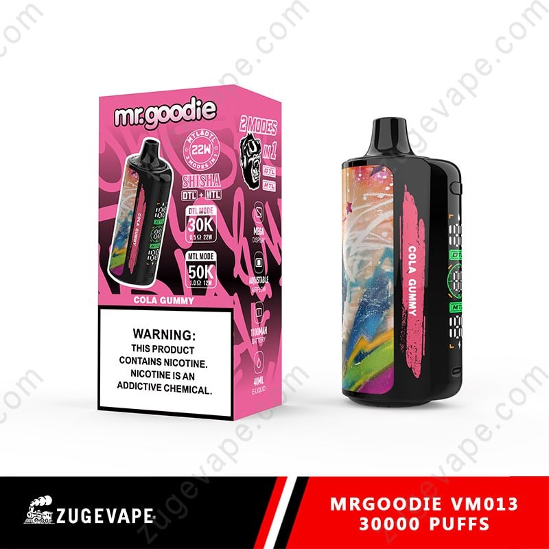 MrGoodie-Vm013-30000-Puffs-Cola-Gummy.jpg Mr. Goodie vape with cola gummy flavor packaging.