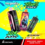 Colorful vape devices with 50K puffs and flavors.
