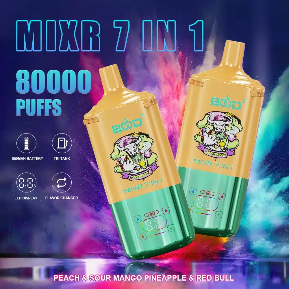 Peach-Sour-mango-pineapple-Red-bull- Colorful vaping device with 80000 puffs and flavor options.